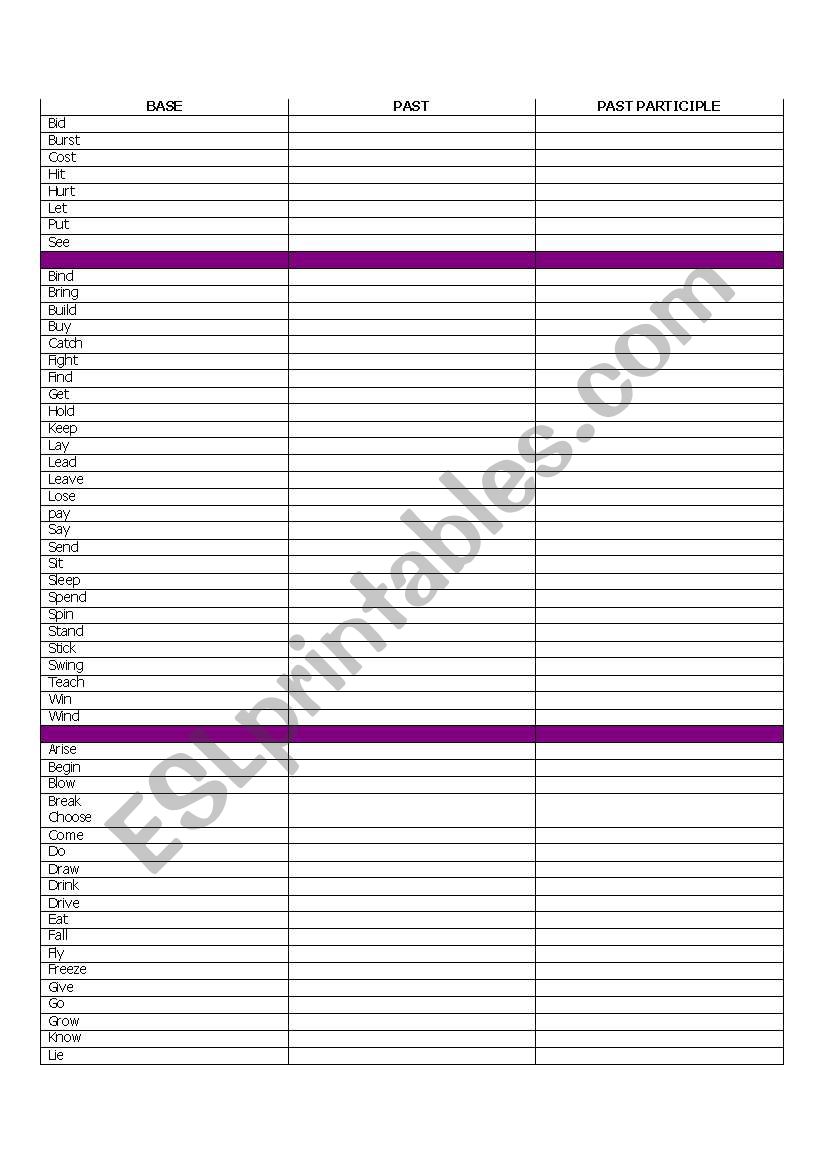 Irregular verbs worksheet