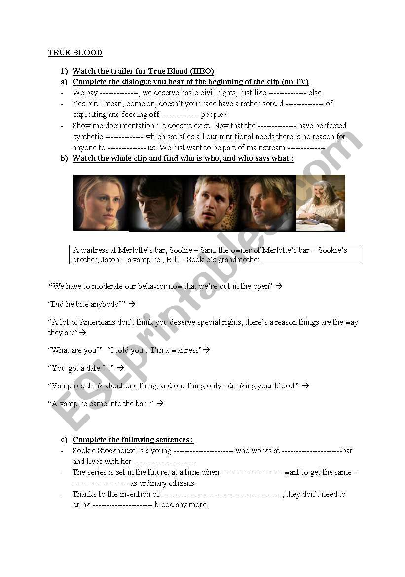 True Blood worksheet