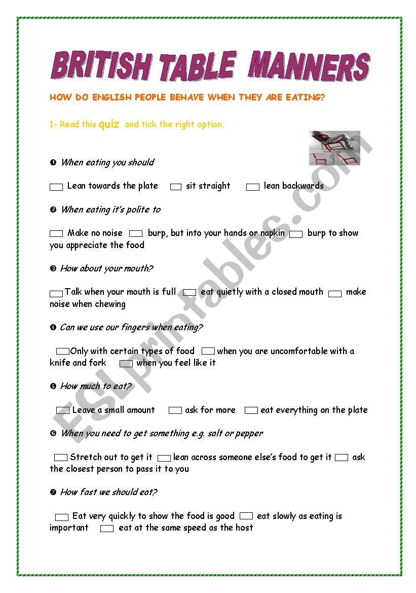 British table manners worksheet