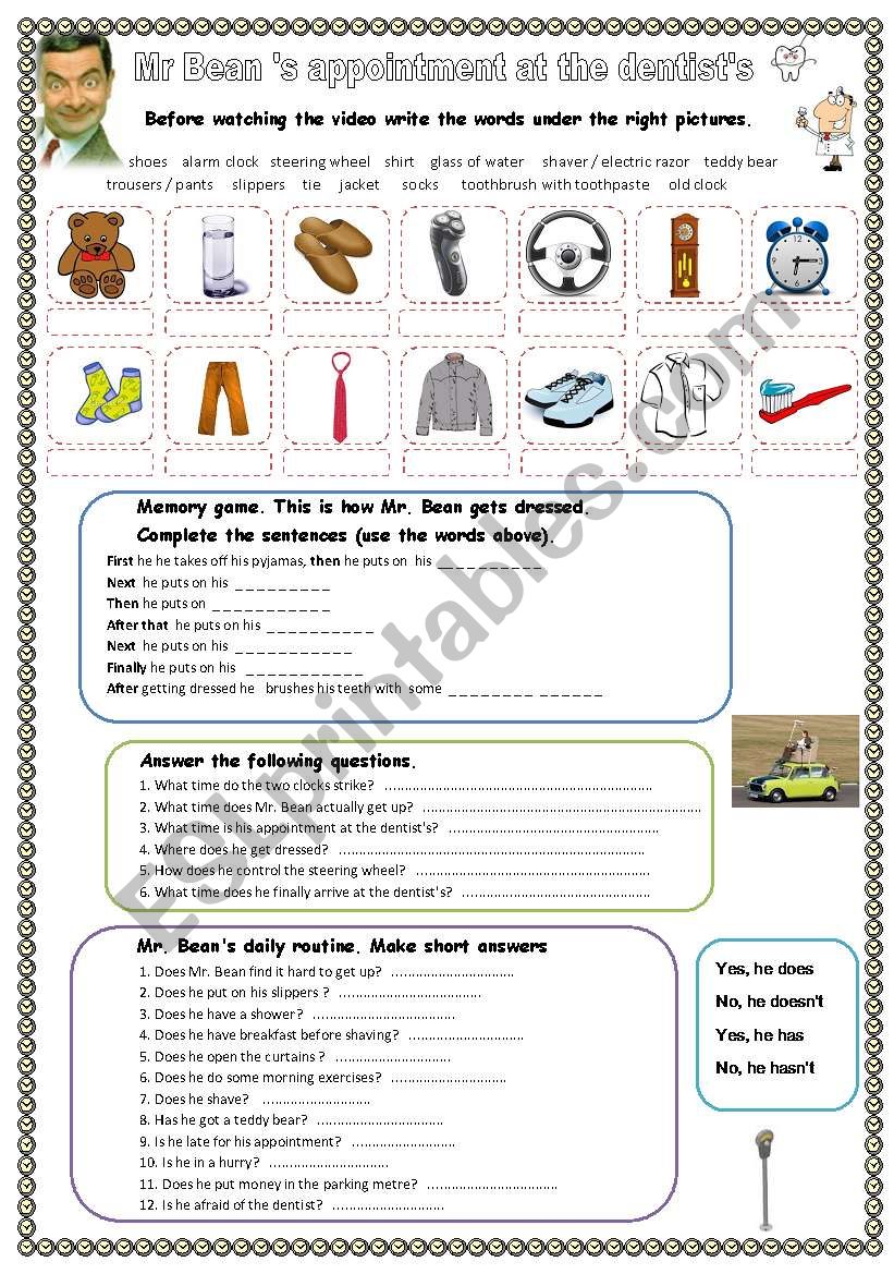 Mr Beans daily routine worksheet