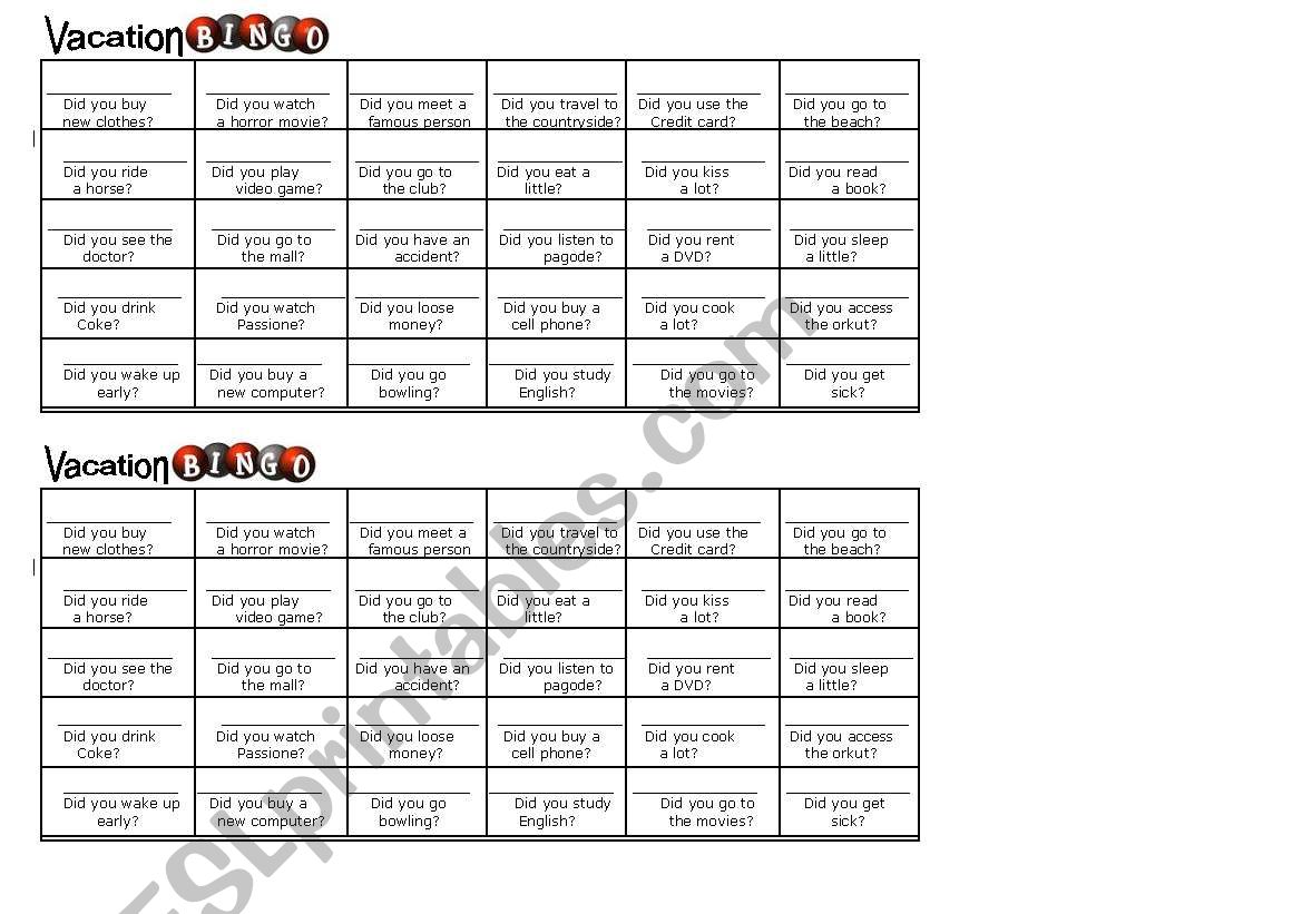 Vacation Bingo worksheet