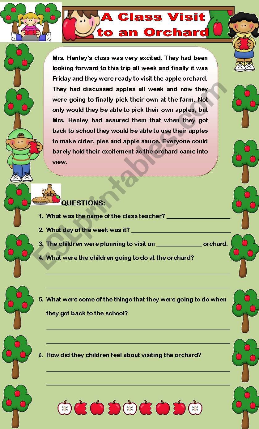 Comprehension and Word Search - A Visit to an Apple Orchard