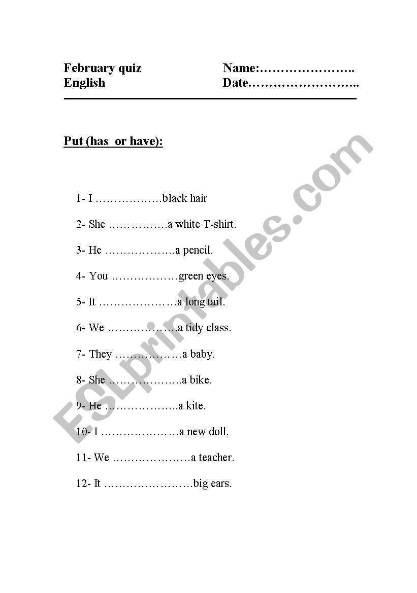 Put (has  or have): worksheet