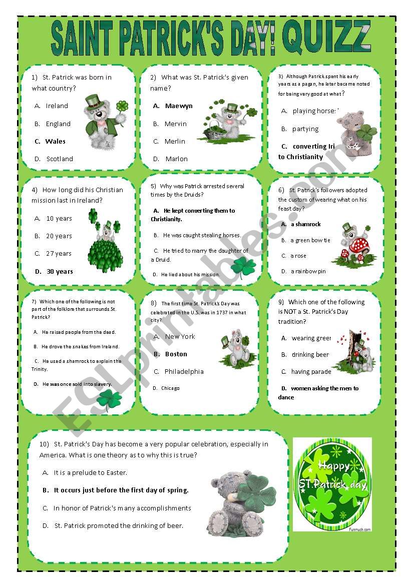 SAINT PATRICKS DAY -QUIZZ worksheet