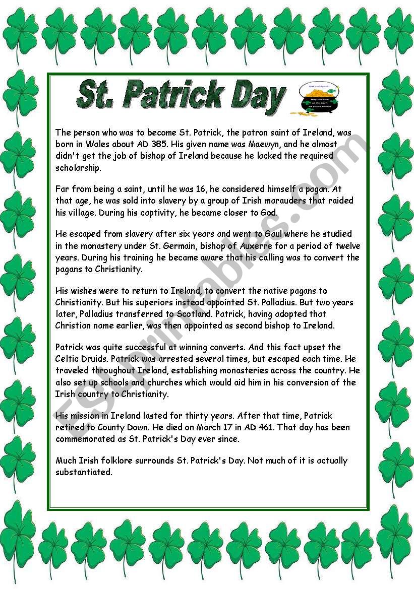  St. Patricks story worksheet