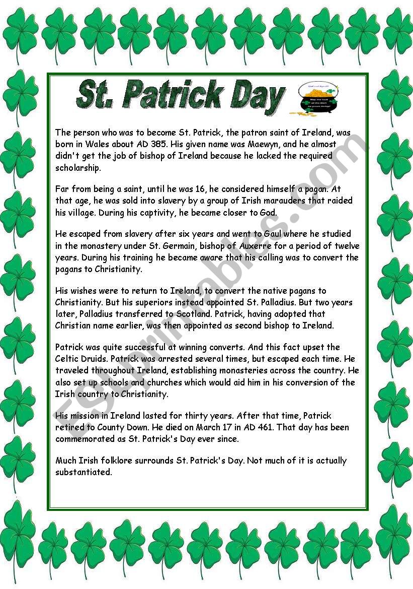  St. PatrickÂ´s story worksheet
