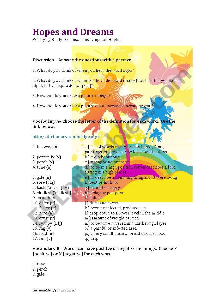 Hopes and Dreams worksheet