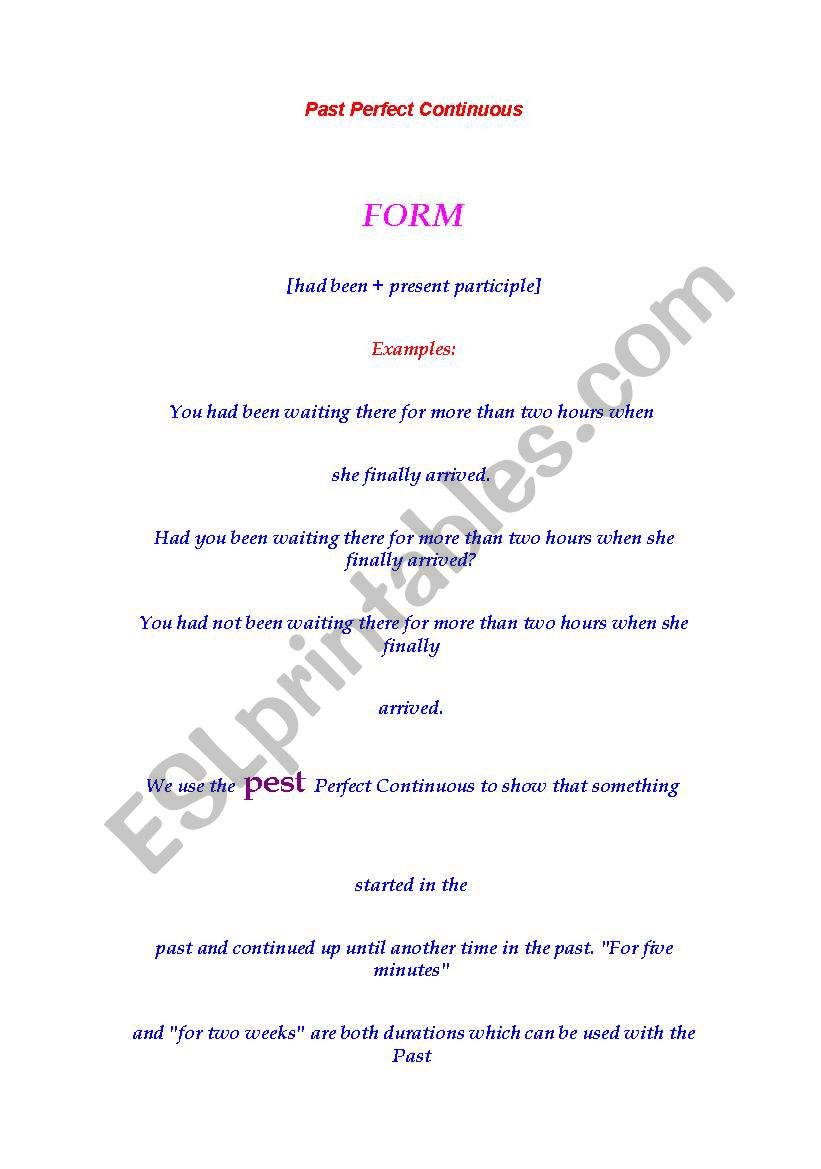 past perfect continous worksheet