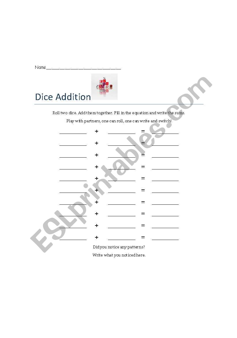 Dice Addition worksheet