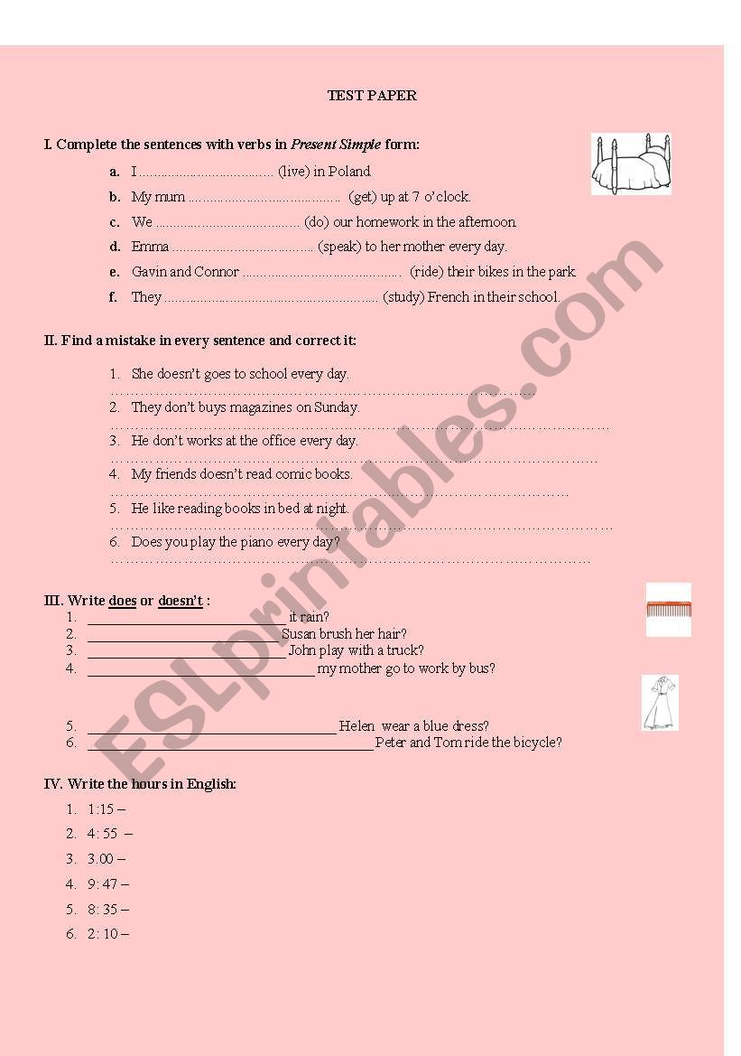 TEST PAPER - 4TH GRADE worksheet