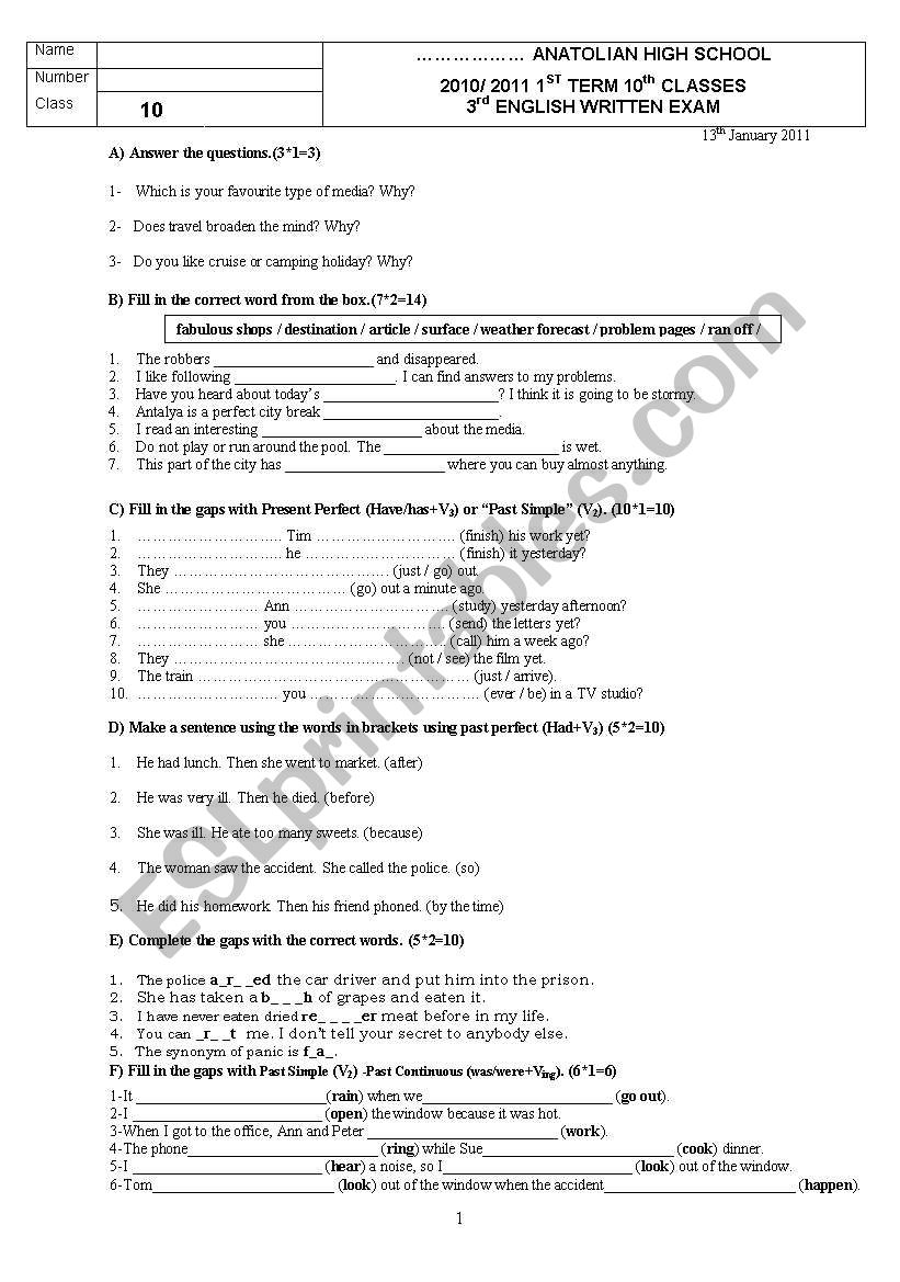 10th classes 3rd written exam worksheet