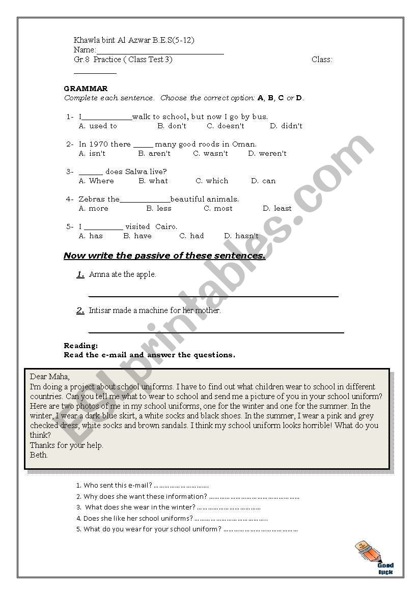 Reading and Grammar worksheet