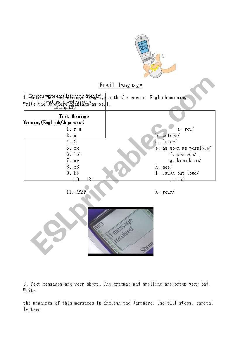 Text messaging worksheet