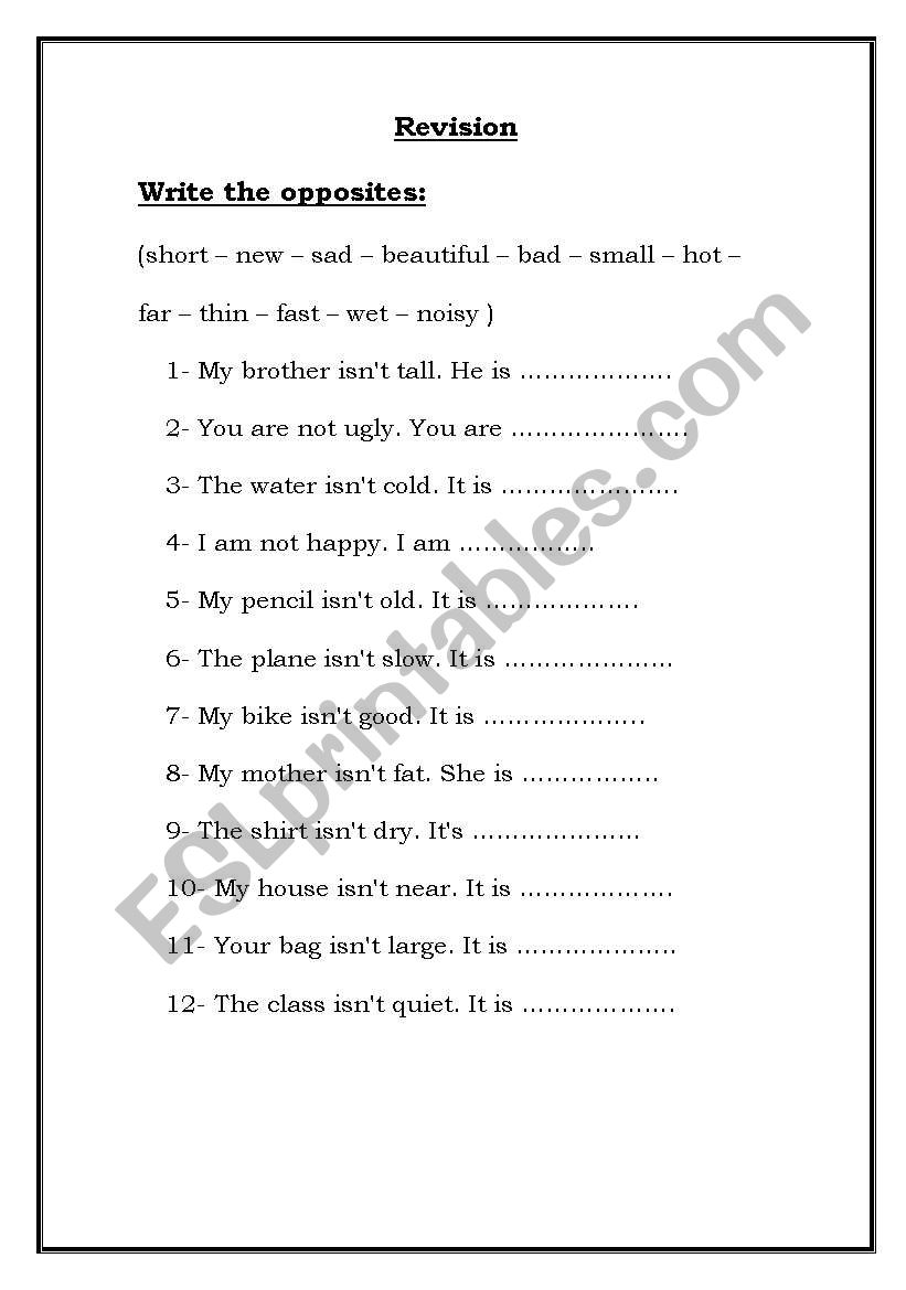 Write the opposites: worksheet