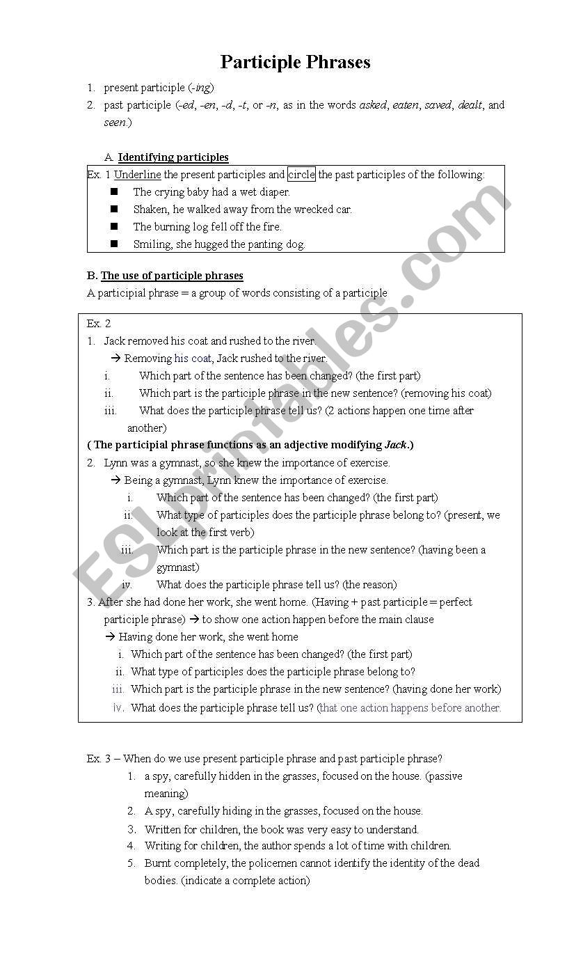 Participle phrases -ed -ing (with answers and teaching notes)