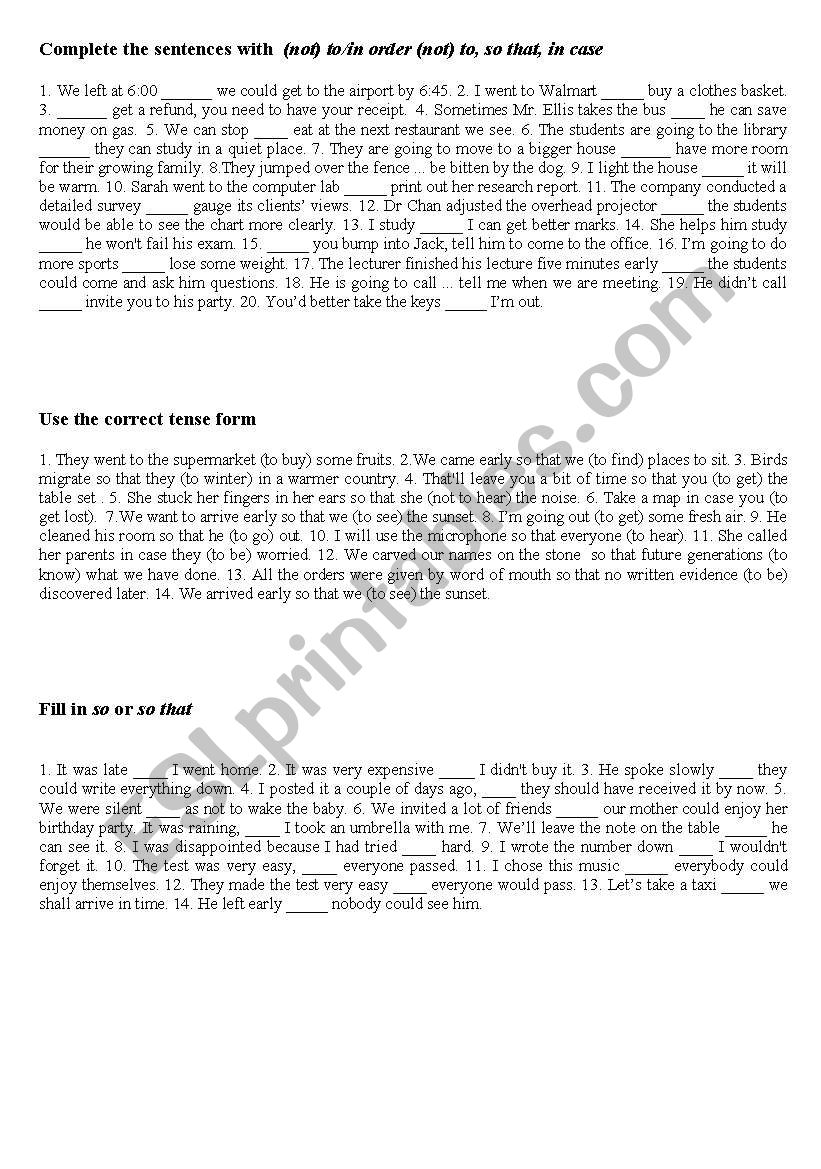 Clauses of Purpose worksheet