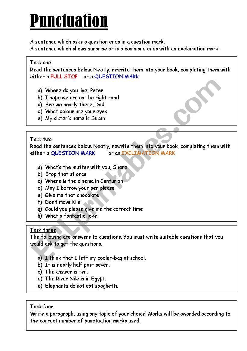 Punctuation Practise worksheet