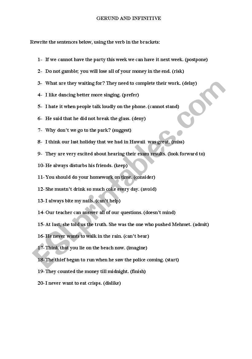 gerund and infinitive worksheet