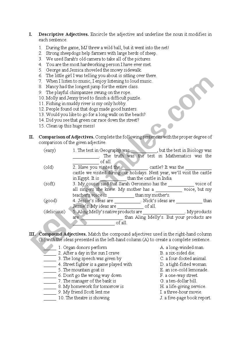 adjectives worksheets worksheet