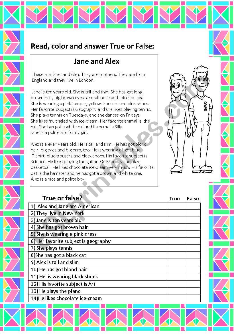 reading comprehension with True or False