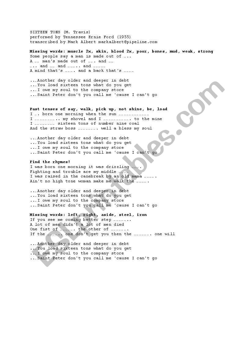 Worksheet on Sixteen Tons by Tennessee Ernie Ford 