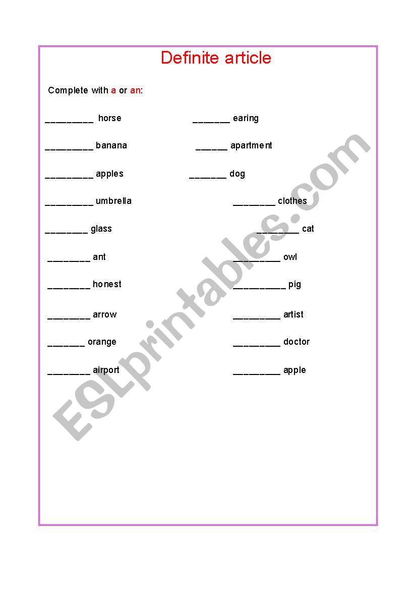 Indefinite article worksheet