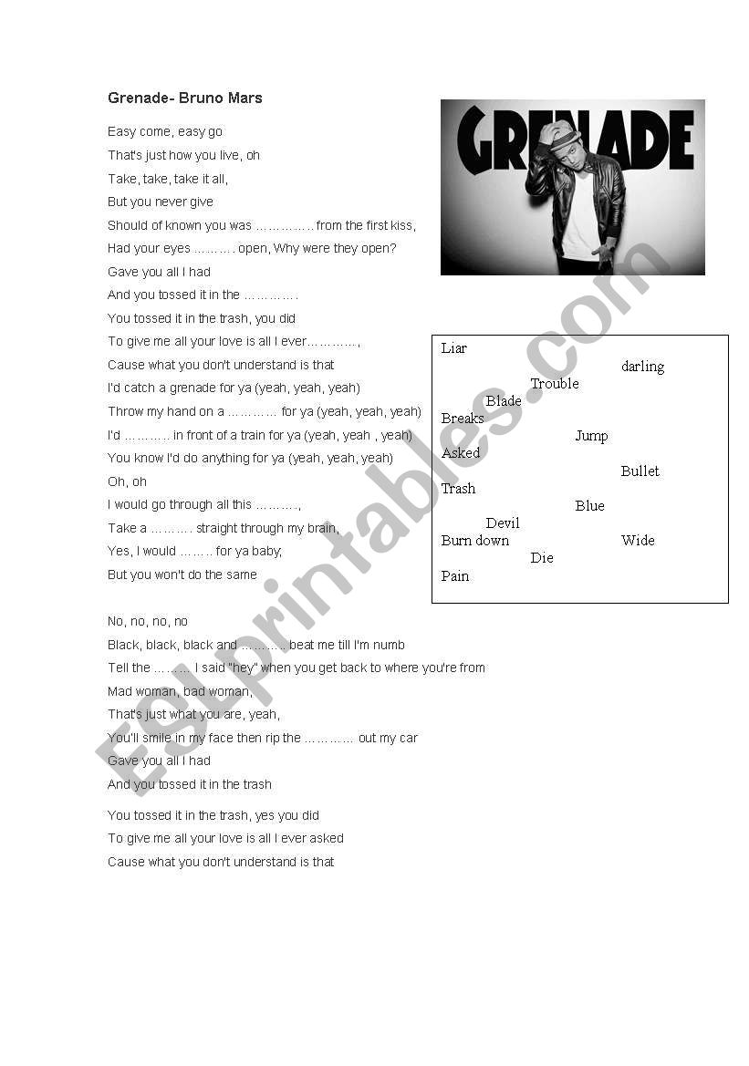 Gap fill Grenade Bruno Mars worksheet