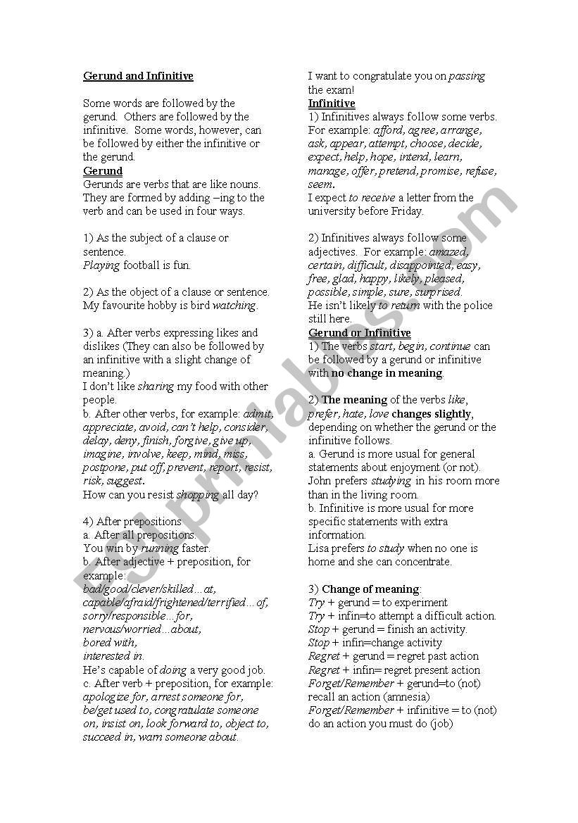Gerund and Infinitive Rules worksheet