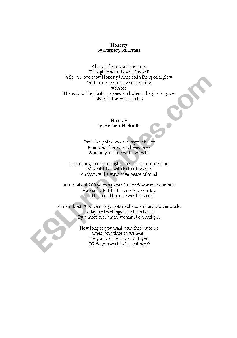 honesty poem worksheet