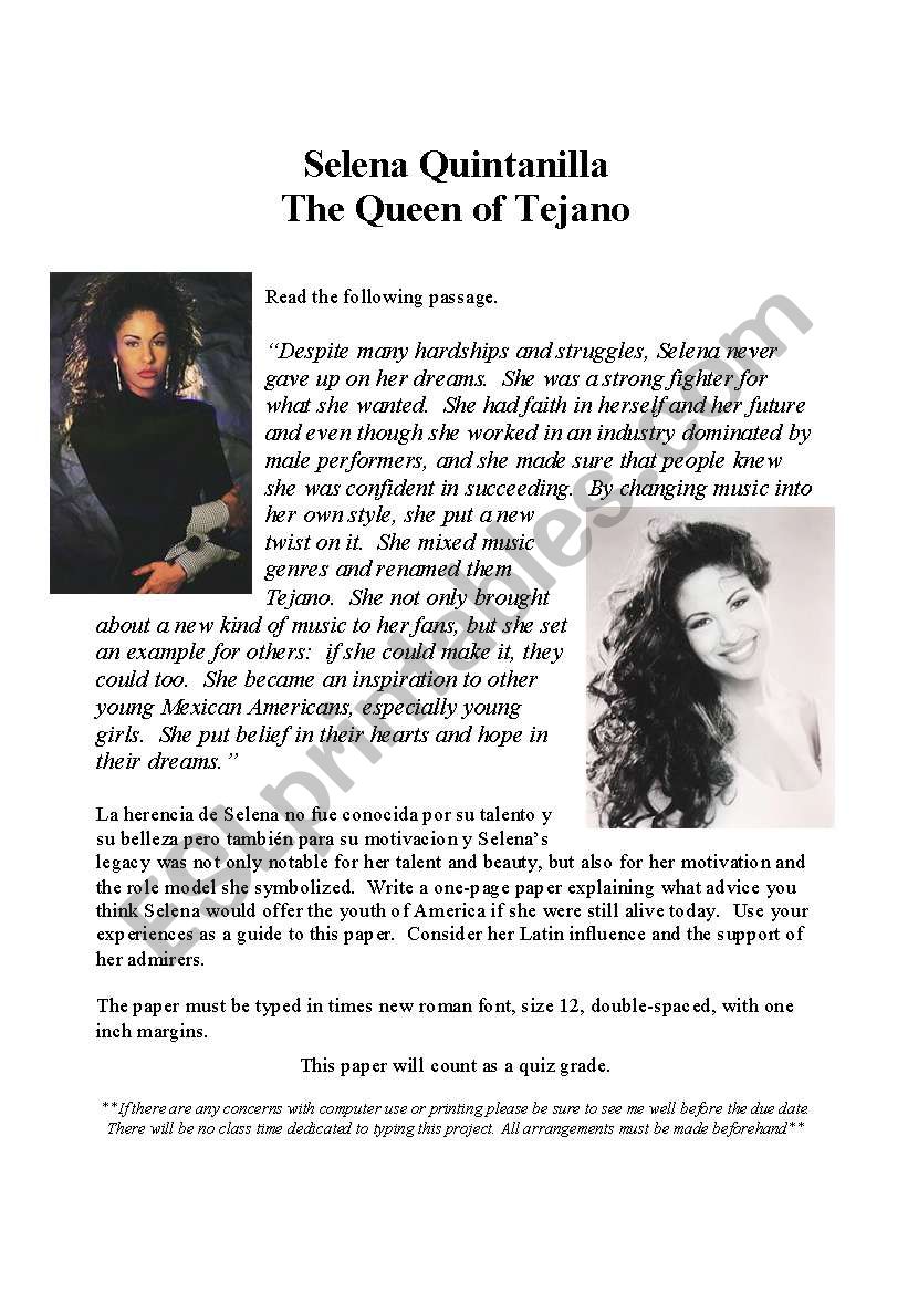 Selena Remembered worksheet