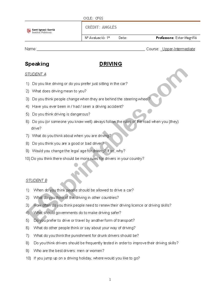 Driving worksheet