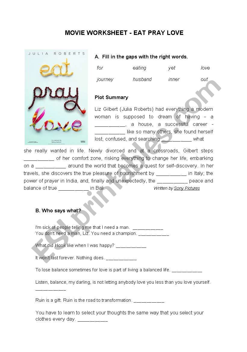 Movie Worksheet Eat Pray Love worksheet