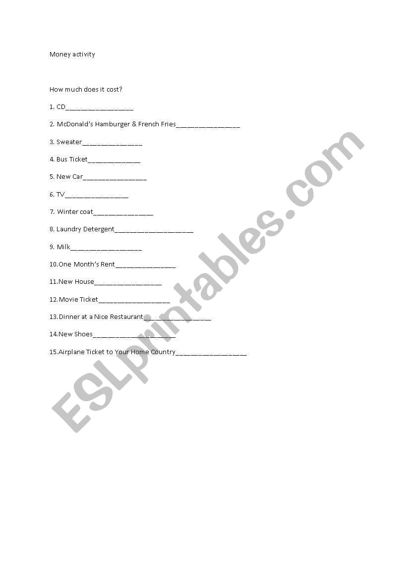 money worksheet