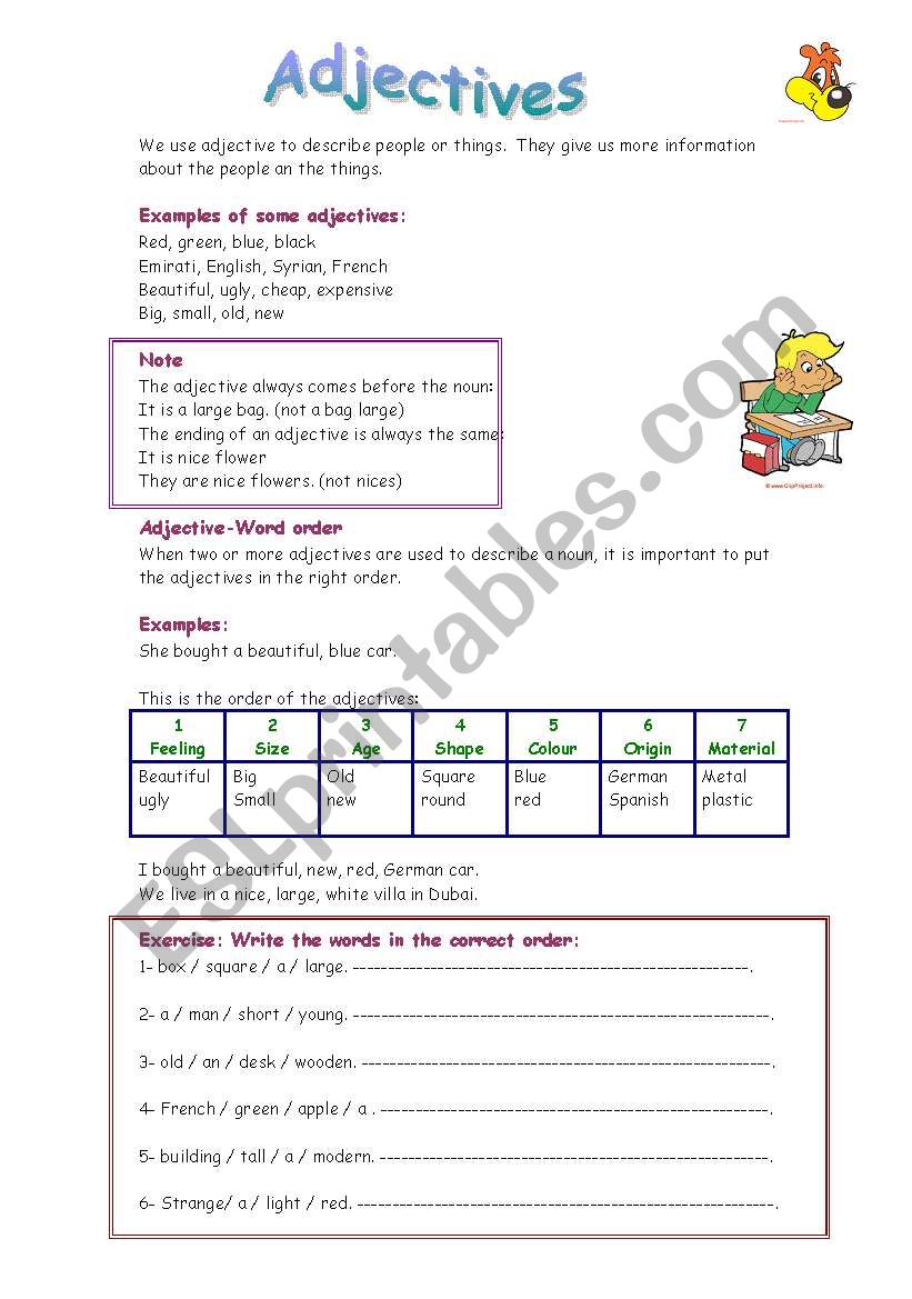 Adjectives order worksheet