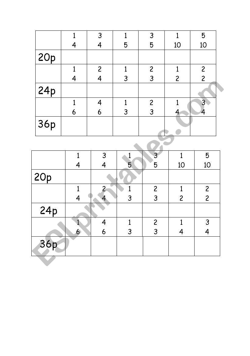 Fractions of money  worksheet