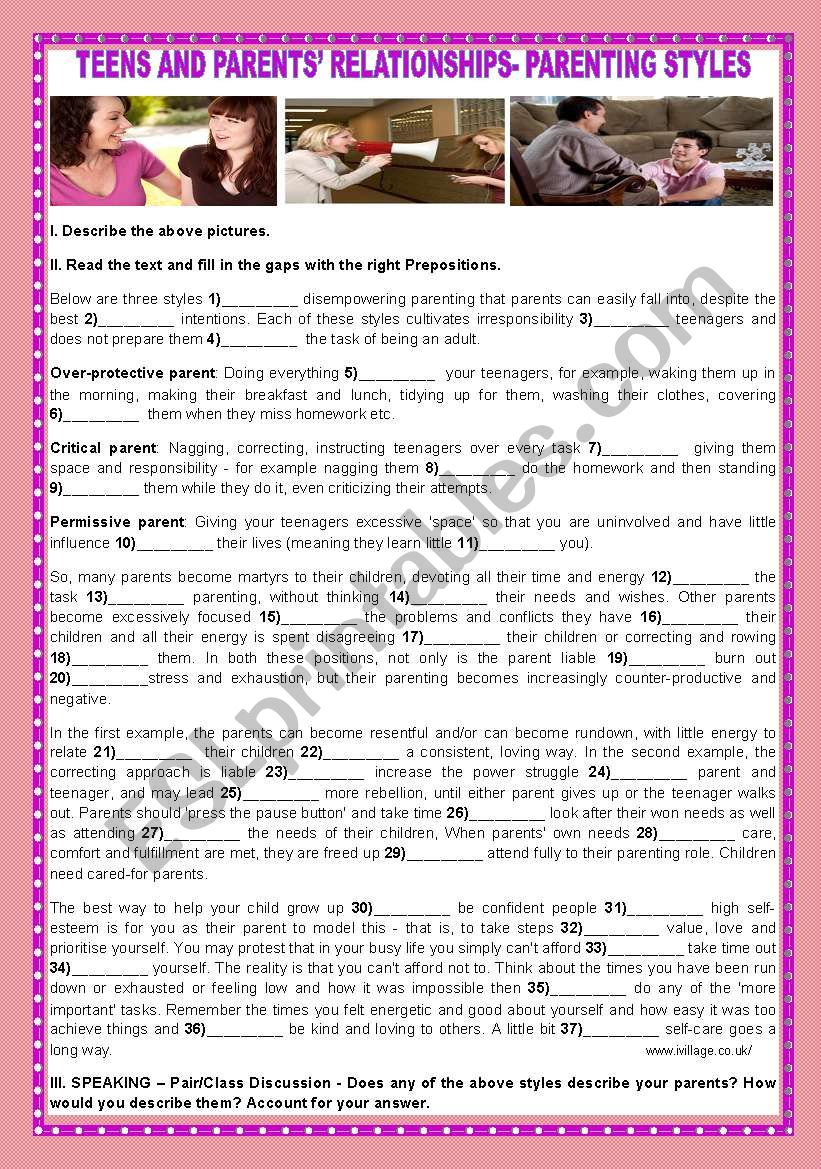 TEENS AND PARENTS´ RELATIONSHIPS PARENTING STYLES ESL worksheet by teresapr