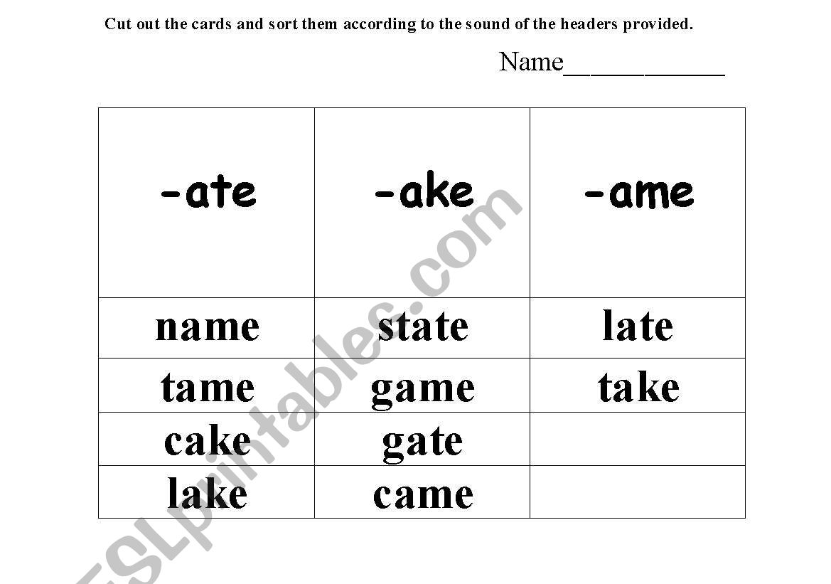 Phonics. Sounds  -ate	 -ake	   -ame .Great word study activity