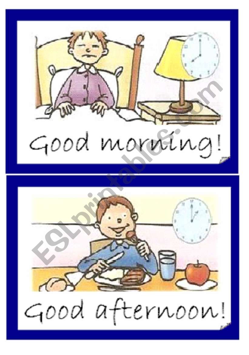 Greetings-parts of the day- Flashcards - ESL worksheet by kireya