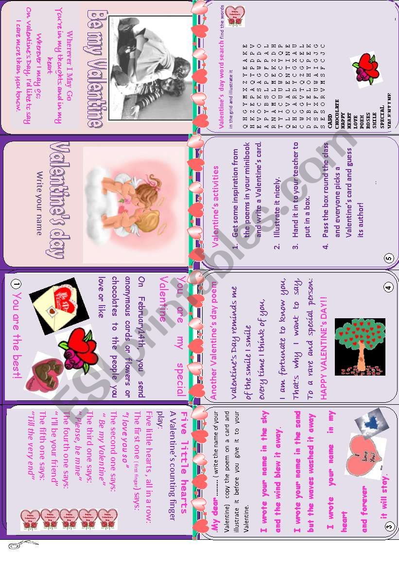 Valentines day minibook :poems, fingerplay poem,word search,written activity.