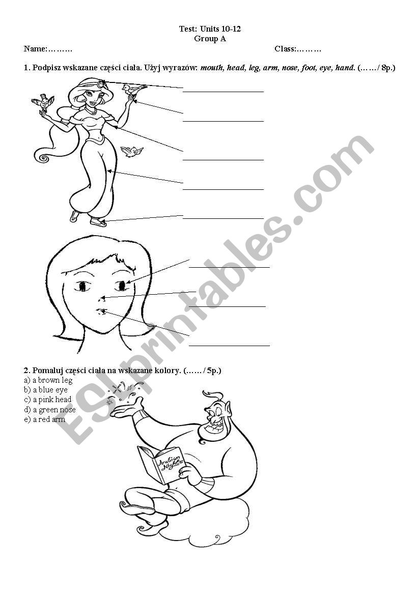 English test: body parts worksheet