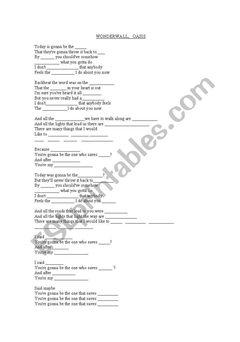 Wonderwall Lyrics worksheet