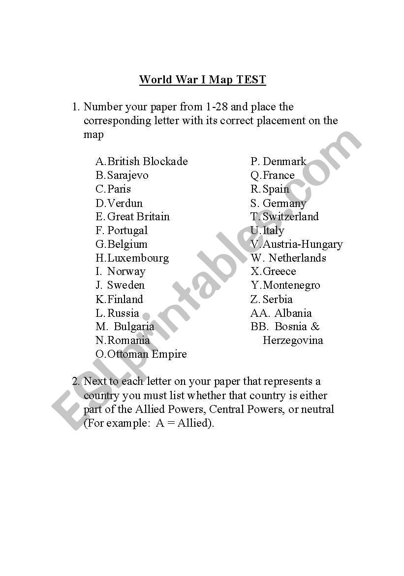 World War I map test worksheet