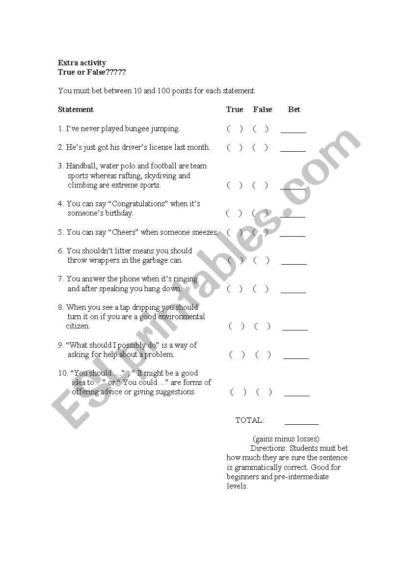 Bet true or false? worksheet