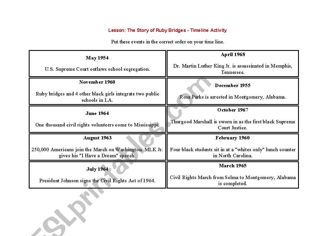 Ruby Bridges Timeline worksheet