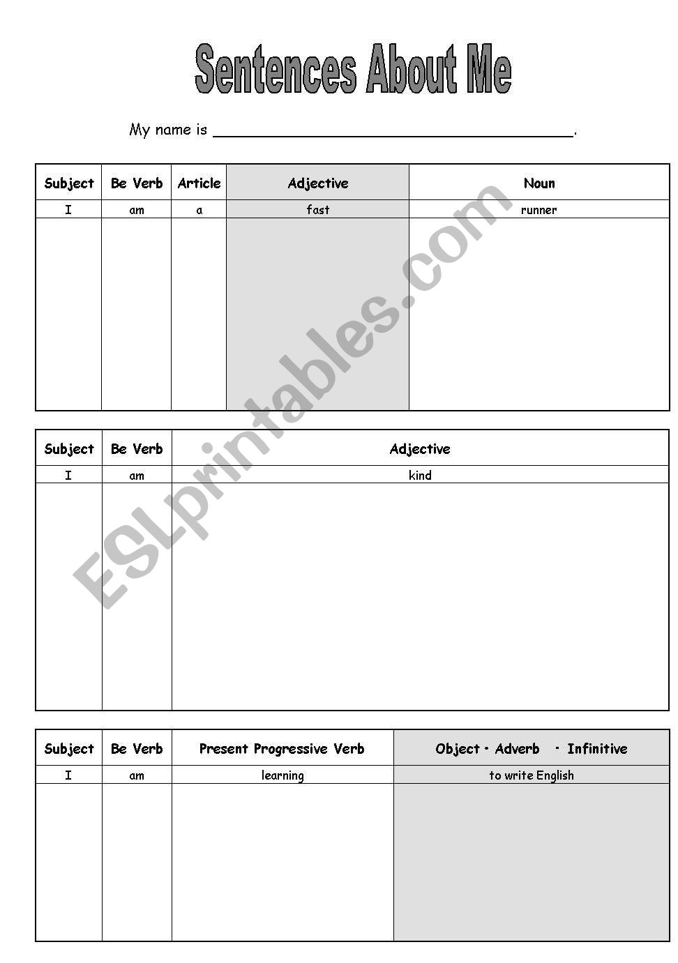 Write About Yourself worksheet