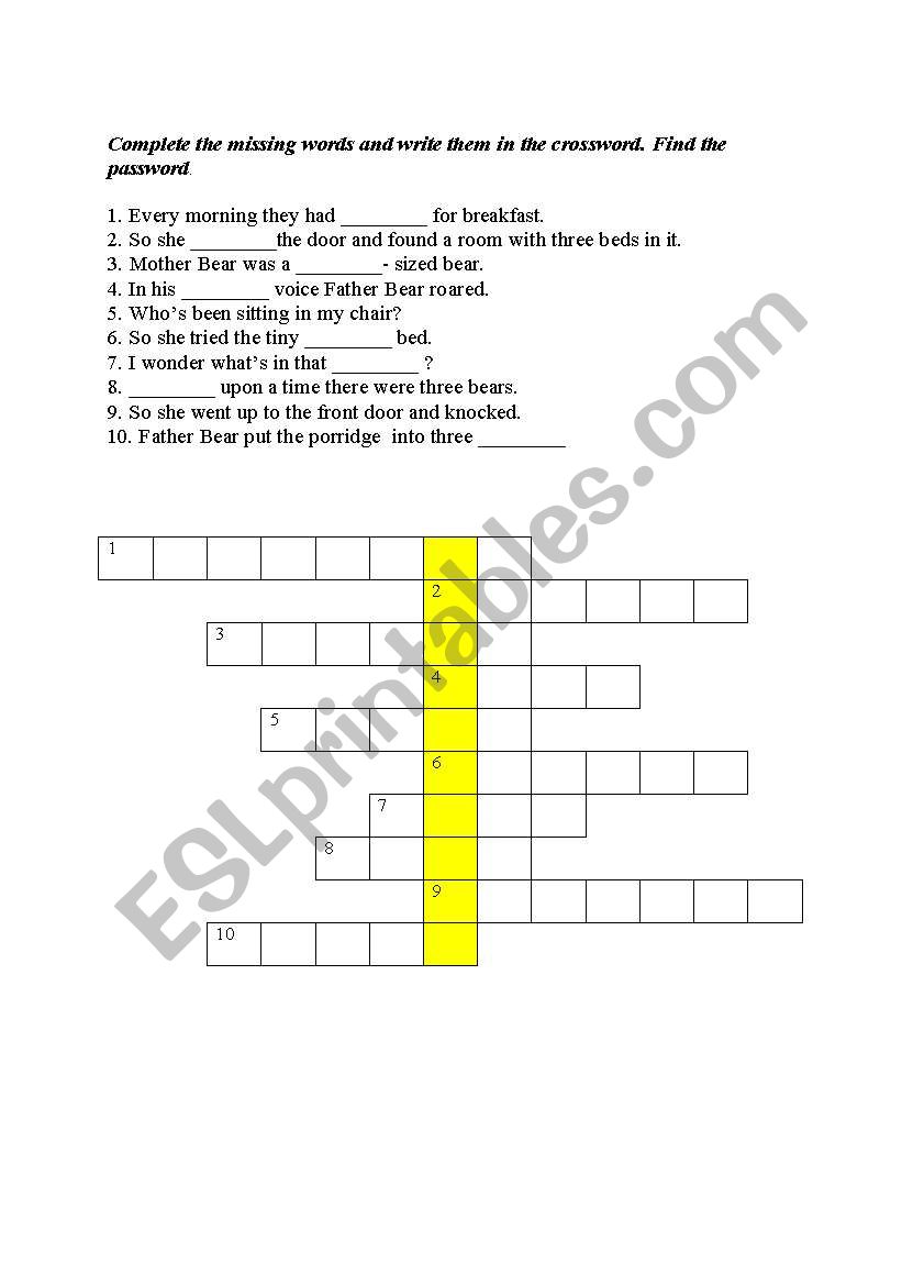 Crossword Goldilocks worksheet
