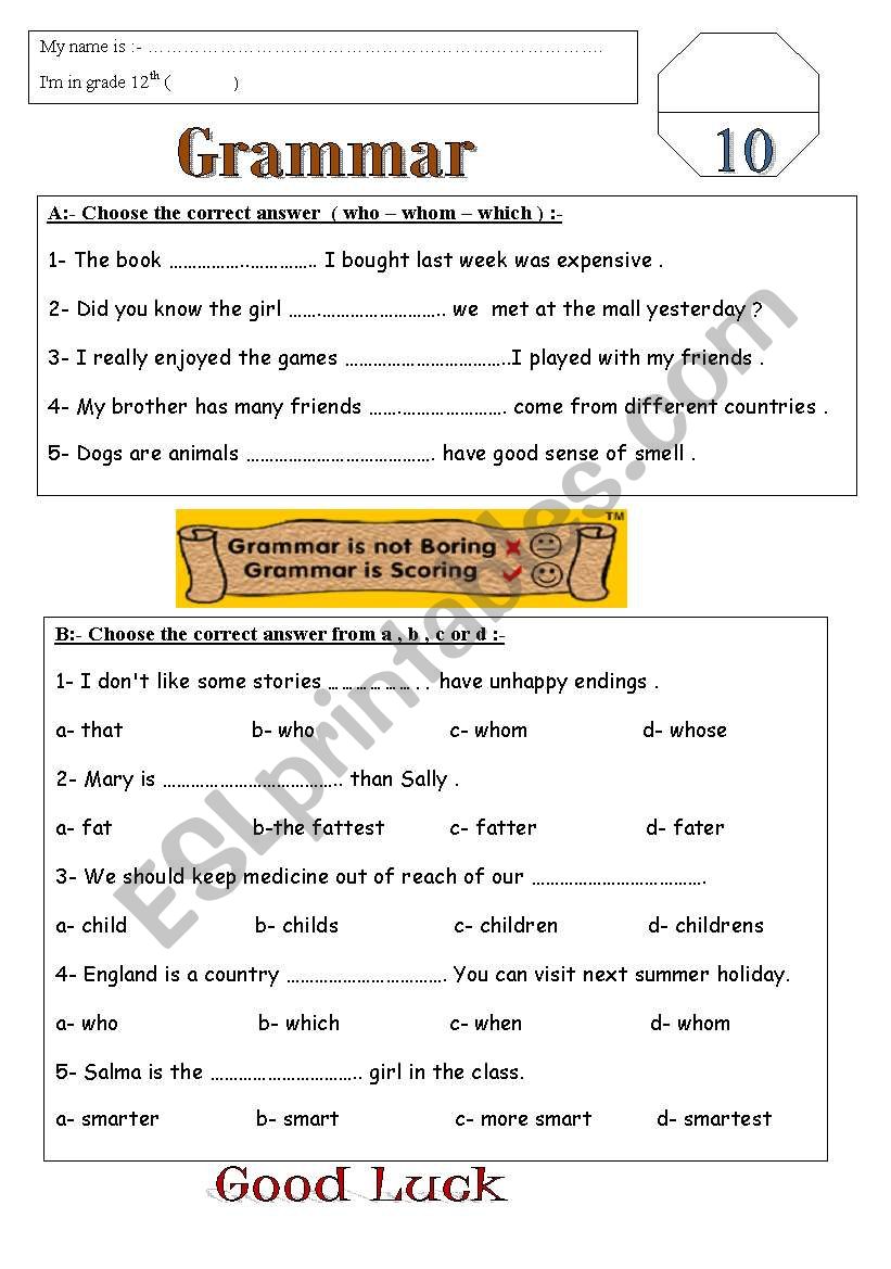 Grammar ESL Worksheet By Hooralhoor