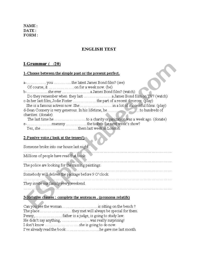 english test worksheet