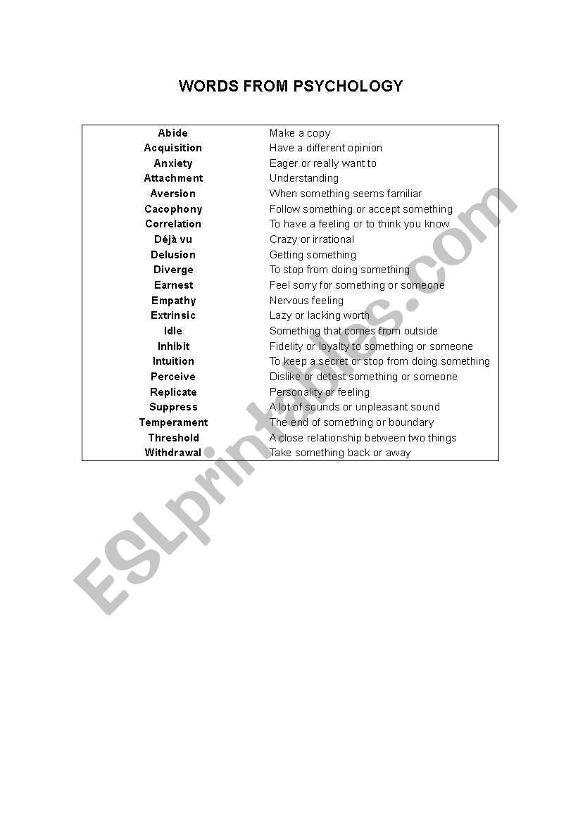 Psychology words worksheet