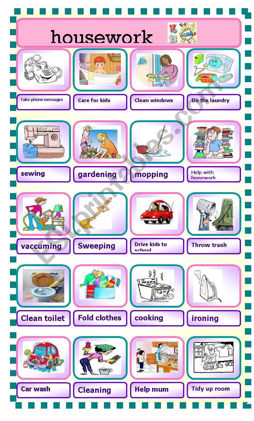 housework pictionary worksheet